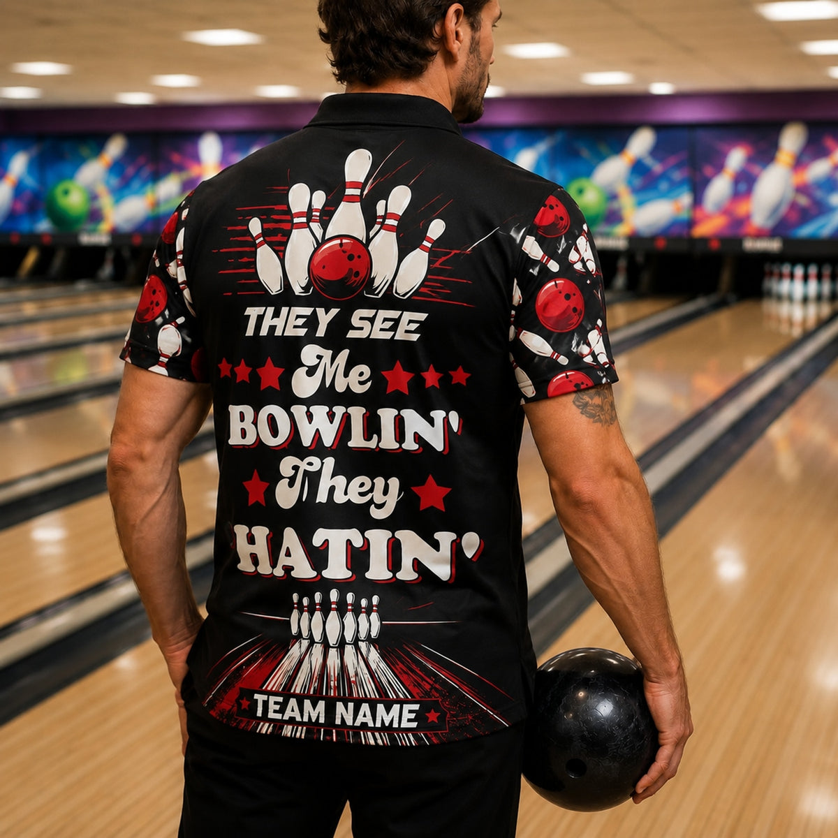 They See Me Bowlin' Graphic Custom Bowling Polo Shirt Back View