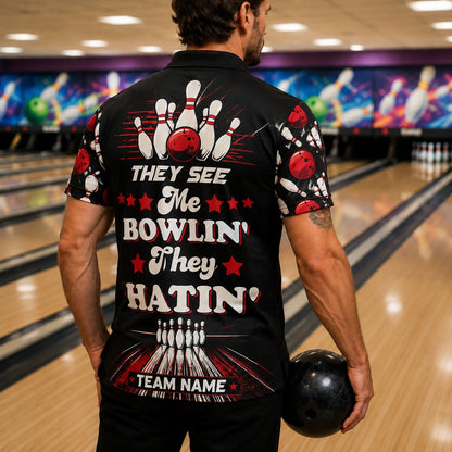 They See Me Bowlin' Graphic Custom Bowling Polo Shirt Back View