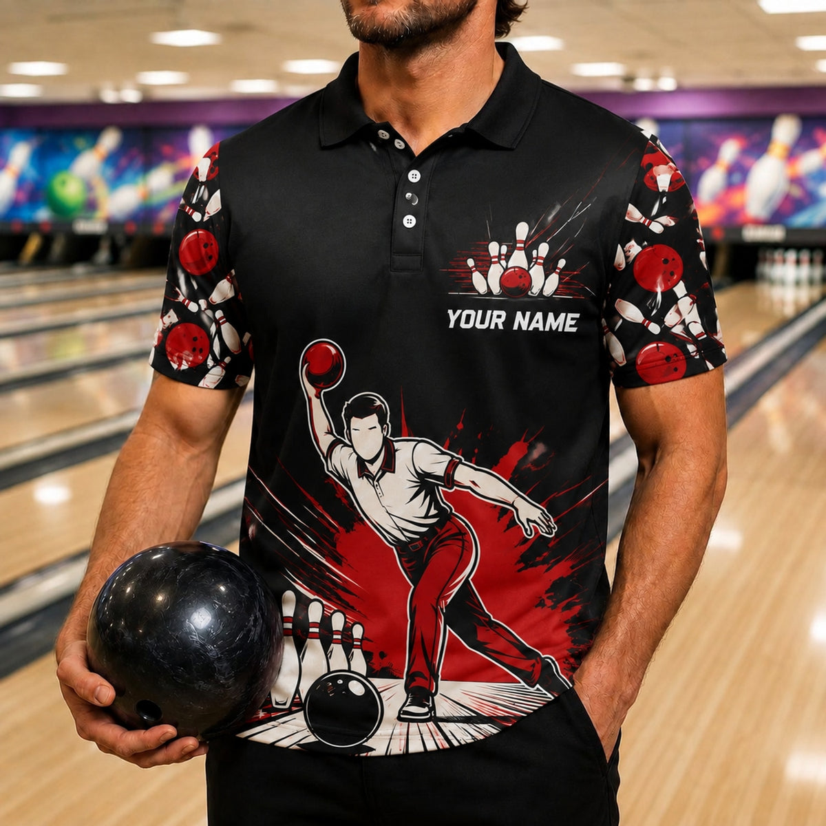 They See Me Bowlin' Graphic Custom Bowling Polo Shirt Front View