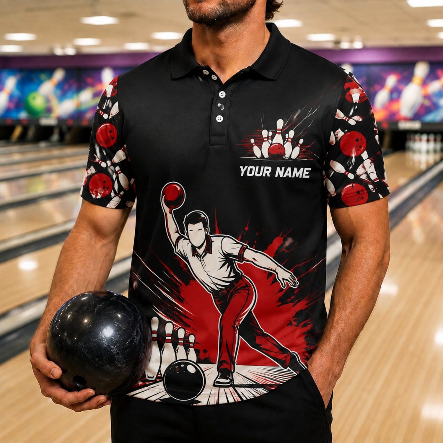 They See Me Bowlin' Graphic Custom Bowling Polo Shirt Front View