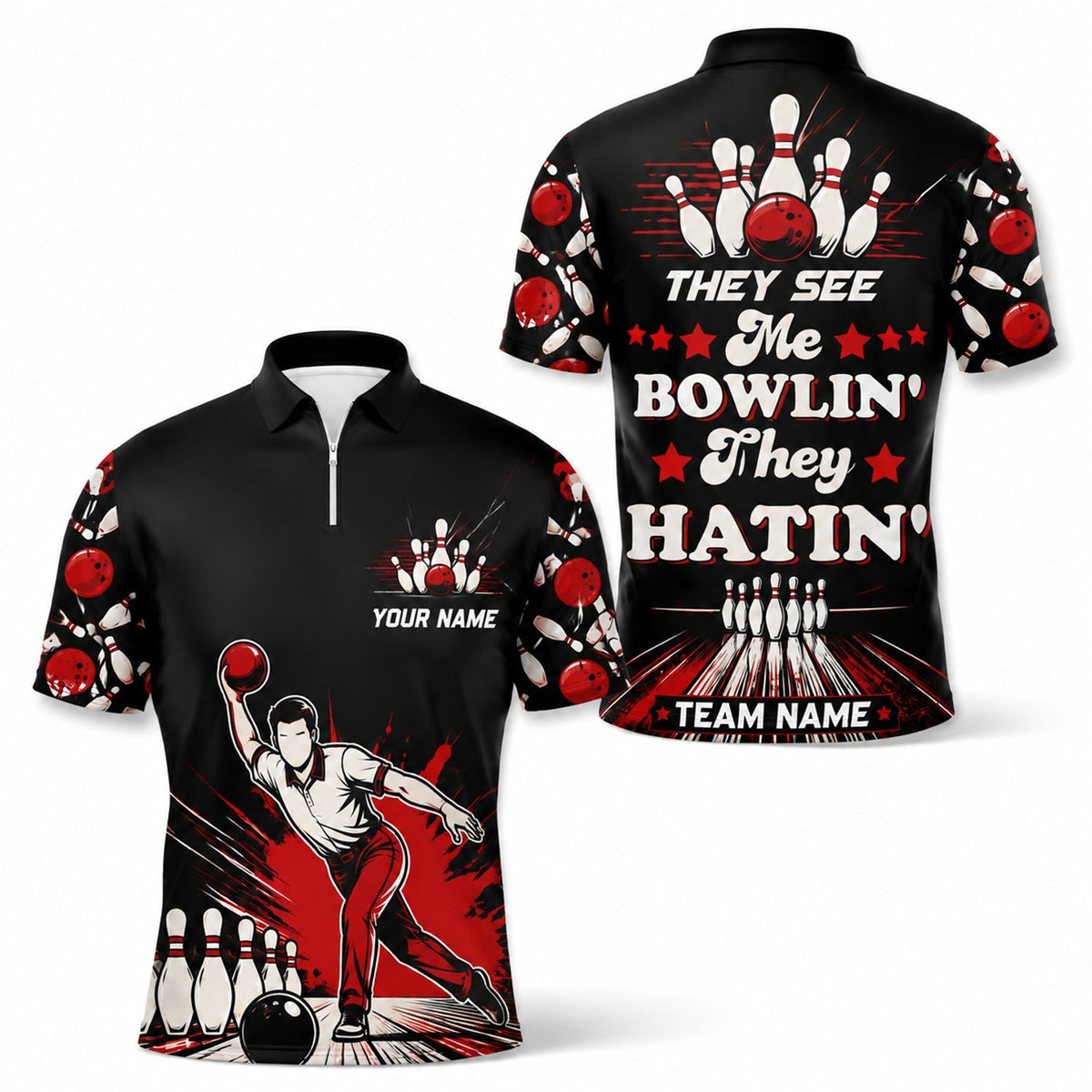 They See Me Bowlin' Graphic Custom Bowling Polo Shirt Jersey Zip 1 4 Collar