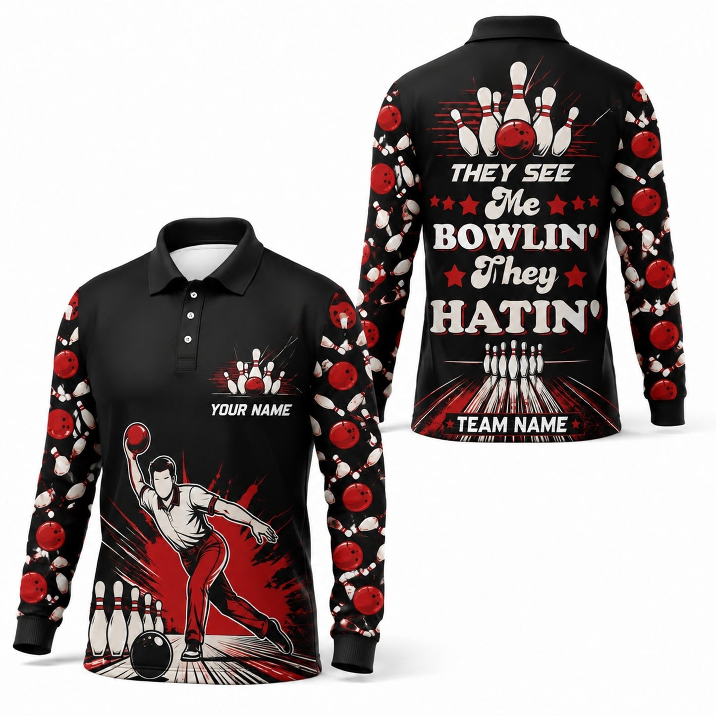 They See Me Bowlin' Graphic Custom Bowling Polo Shirt Long Sleeve Polo