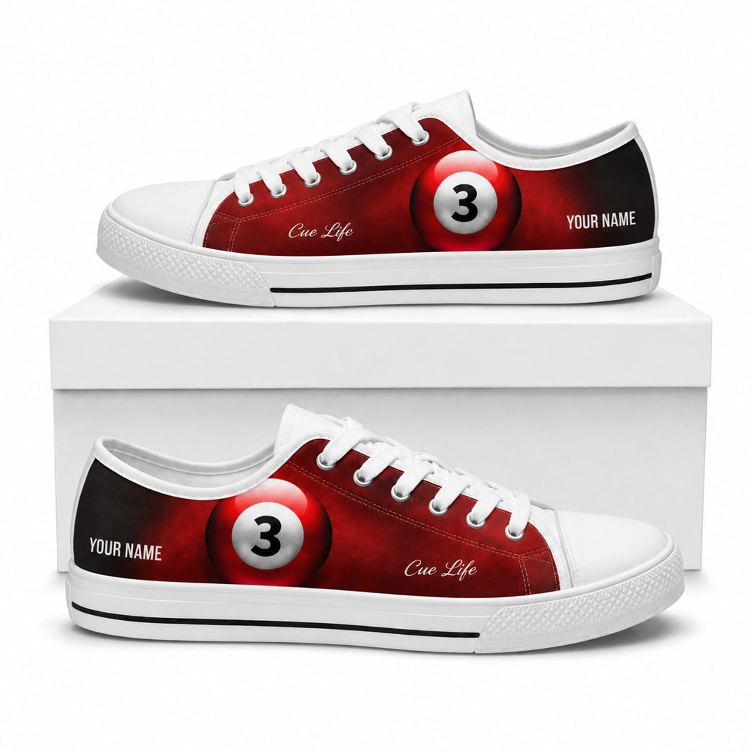 Three Ball Pool Graphic Personalized Low Top Shoes Box White