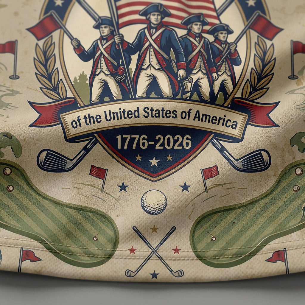 Detail of US 250th anniversary historical design on golf polo