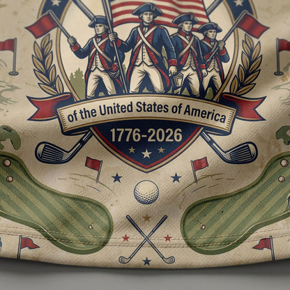 Detail of US 250th anniversary historical design on golf polo