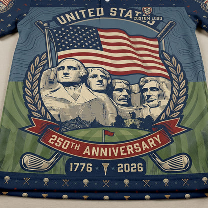 Detailed closeup of Mount Rushmore and American flag on golf polo
