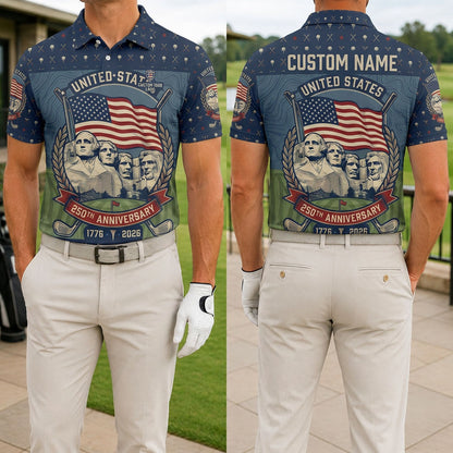 Front and back view of USA 250th Anniversary Mount Rushmore golf shirt