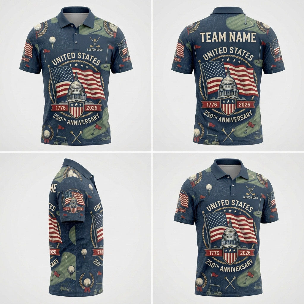 Multiple angles of the 250th Anniversary USA theme golf polo