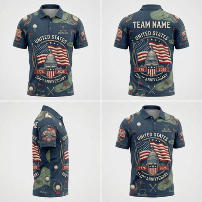 Multiple angles of the 250th Anniversary USA theme golf polo