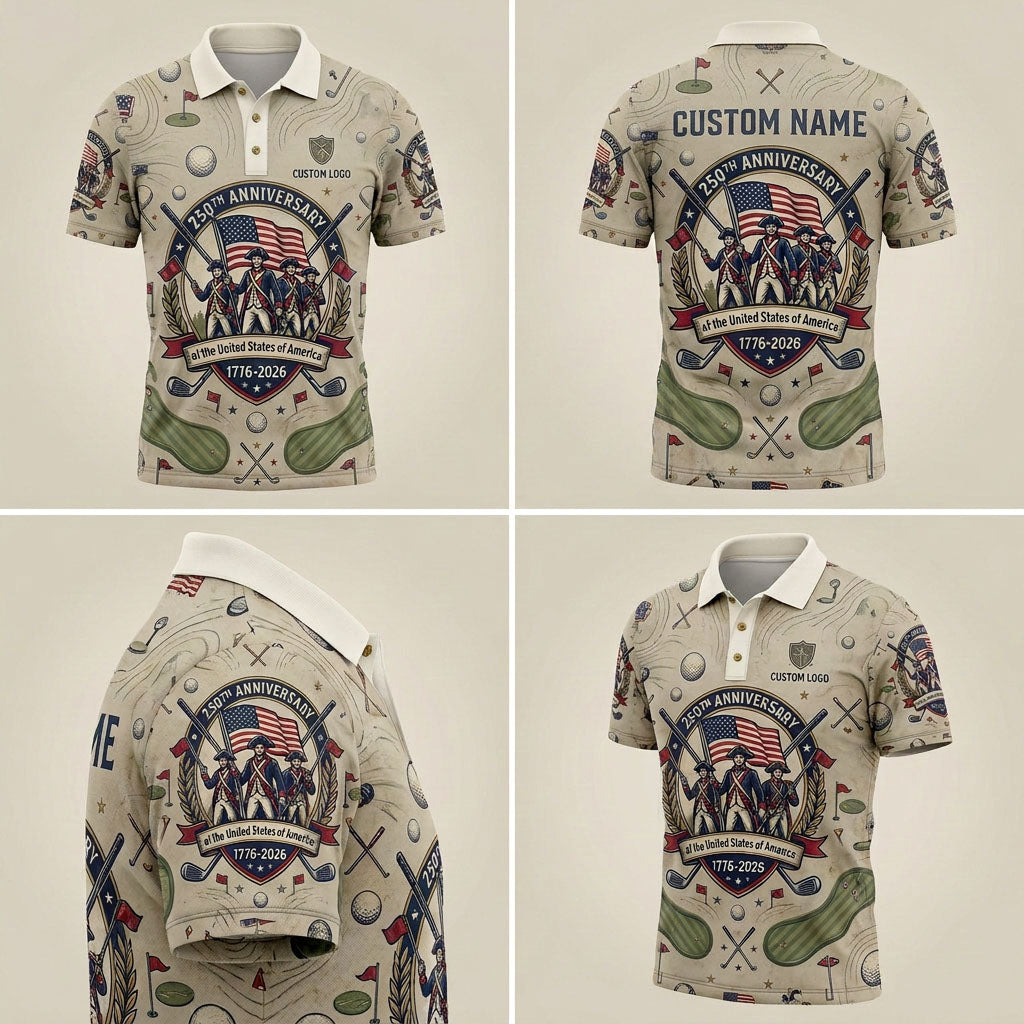 Multiple angles of the 250th anniversary USA theme golf polo