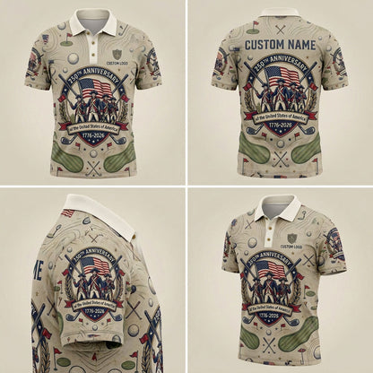 Multiple angles of the 250th anniversary USA theme golf polo