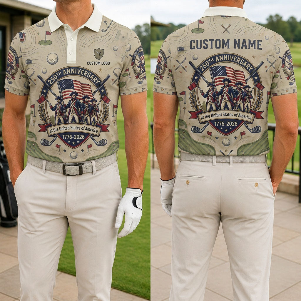 Front and back of US 250th Anniversary commemorative golf polo
