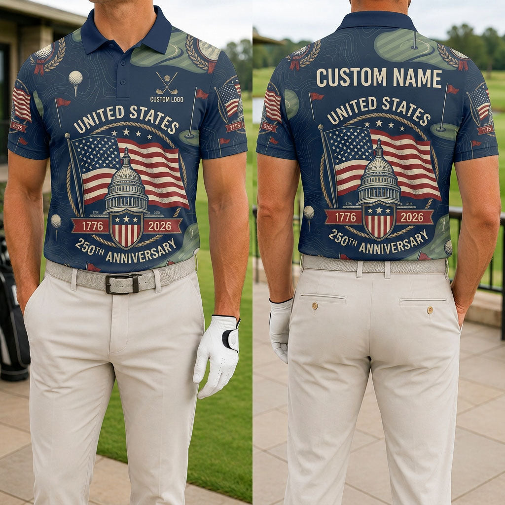 Front and back view of United States 250th Anniversary patriotic golf shirt