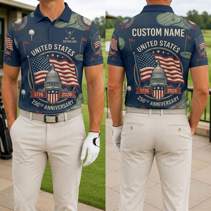 Front and back view of United States 250th Anniversary patriotic golf shirt