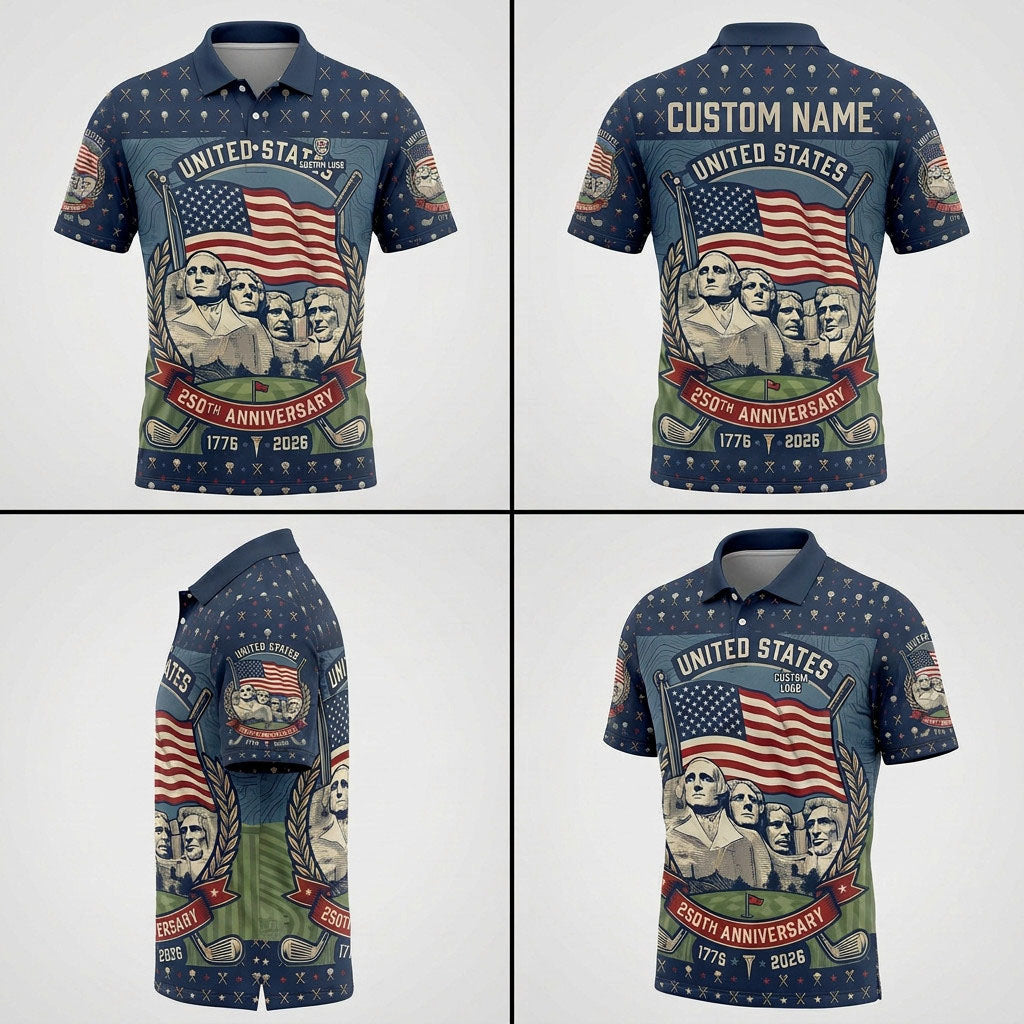 Multiple angles of the premium Mount Rushmore 250th anniversary golf polo