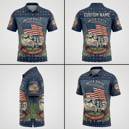 Multiple angles of the premium Mount Rushmore 250th anniversary golf polo