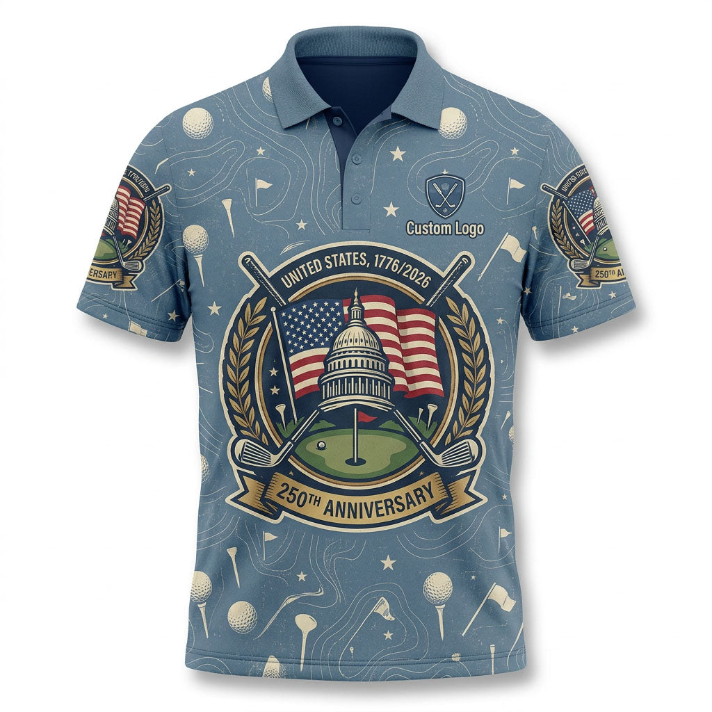Premium flatlay layout of the commemorative United States 1776-2026 golf polo