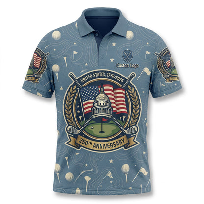Premium flatlay layout of the commemorative United States 1776-2026 golf polo