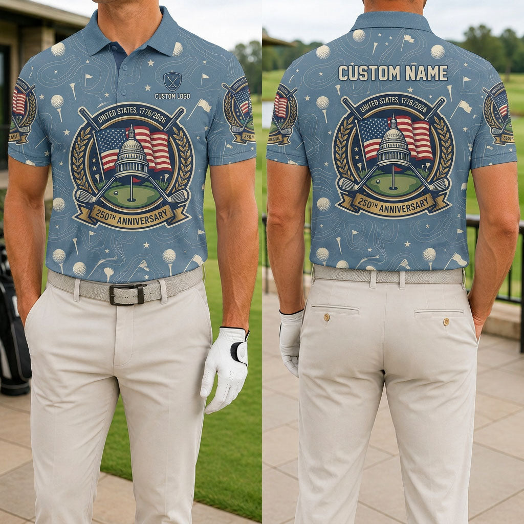 Front and back view of the United States 1776-2026 custom golf polo shirt