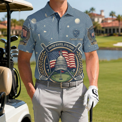 Golfer wearing the United States 1776-2026 performance polo on the golf course