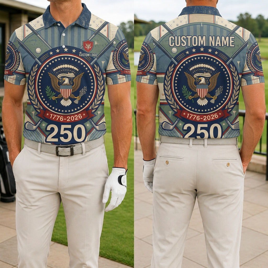 Front and back view of USA 250th Anniversary commemorative golf polo