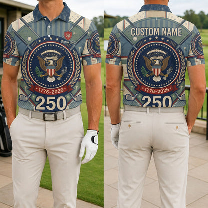 Front and back view of USA 250th Anniversary commemorative golf polo
