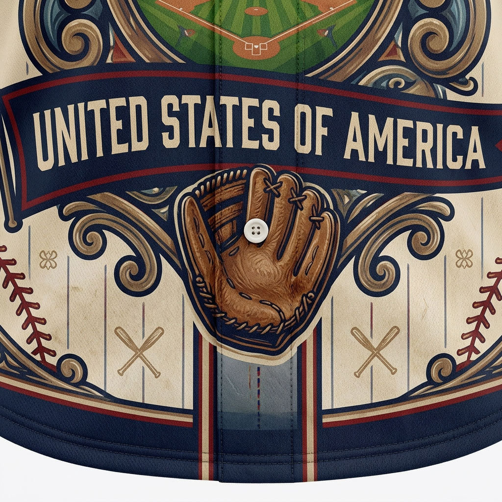Detailed closeup of the commemorative 250 graphic and baseball embroidery