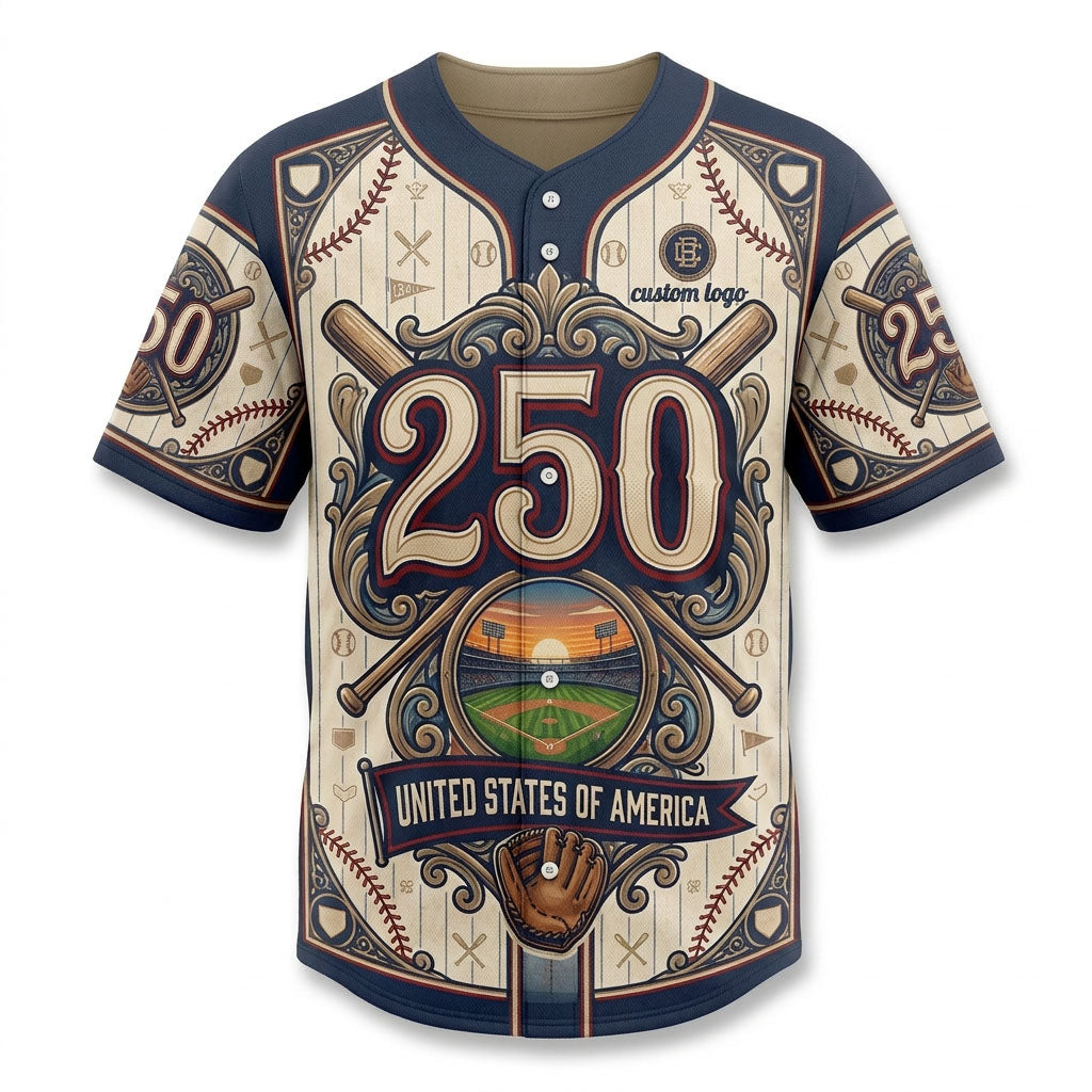 Flatlay view of the USA 250th anniversary commemorative baseball jersey