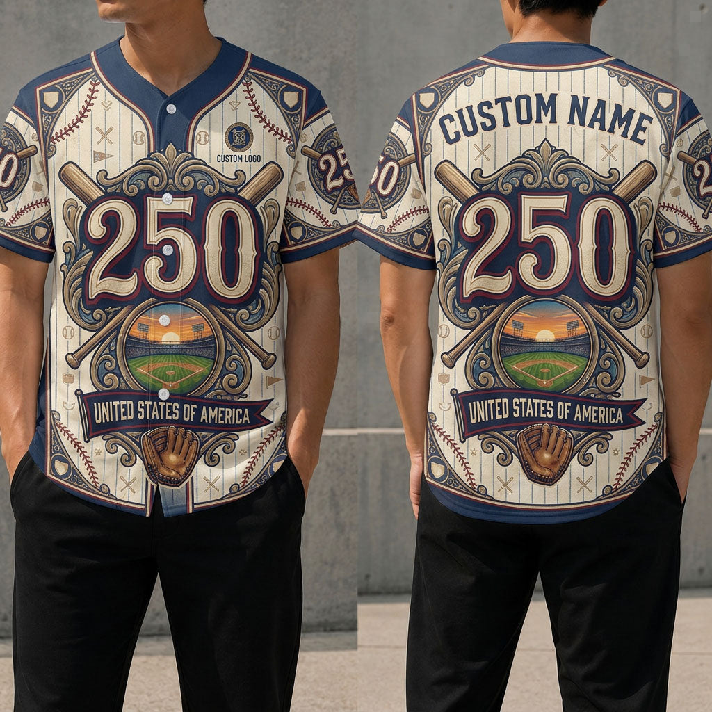 Front and back view of the USA 250th anniversary custom baseball jersey