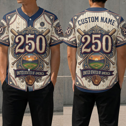 Front and back view of the USA 250th anniversary custom baseball jersey