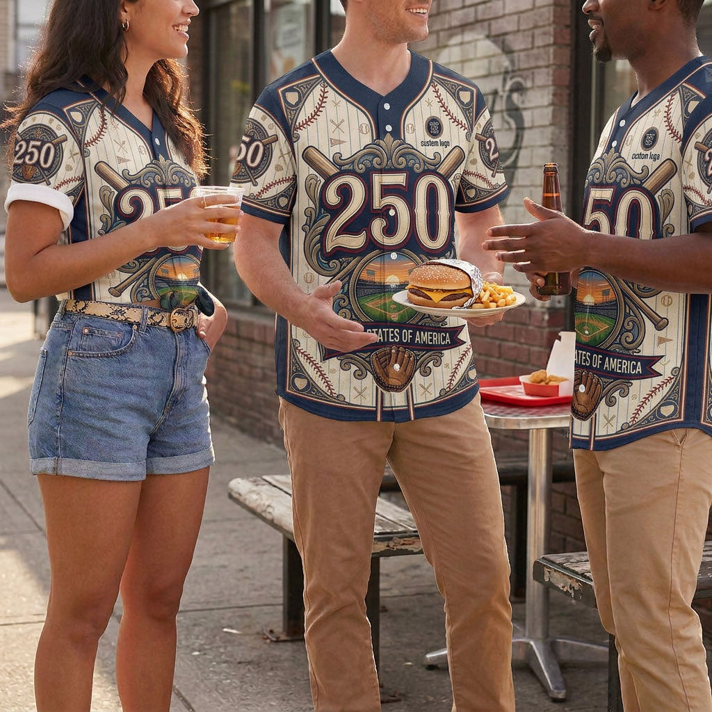 Group of people wearing USA 250th anniversary baseball jerseys outdoors