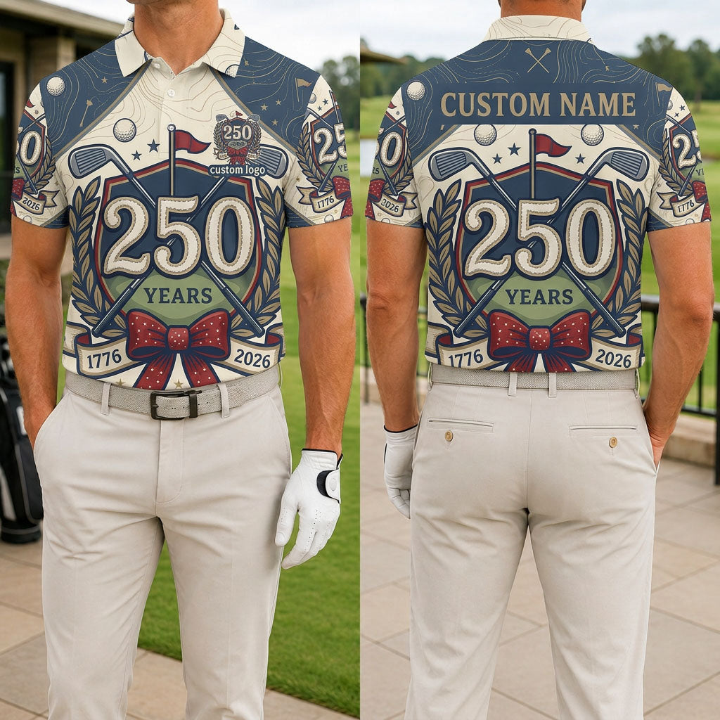 Front and back view of the USA 250th anniversary custom golf polo shirt