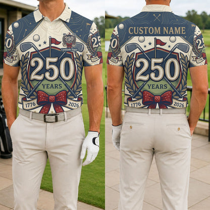 Front and back view of the USA 250th anniversary custom golf polo shirt