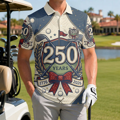Golfer wearing the USA 250th anniversary performance polo on the course