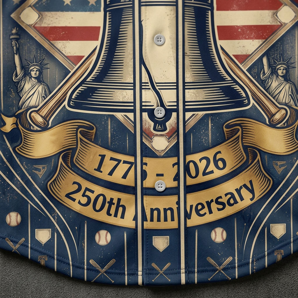 Close-up shot of the high-definition vintage print reading 250 Years of Freedom 1776-2026 on a black pinstripe baseball jersey fabric.