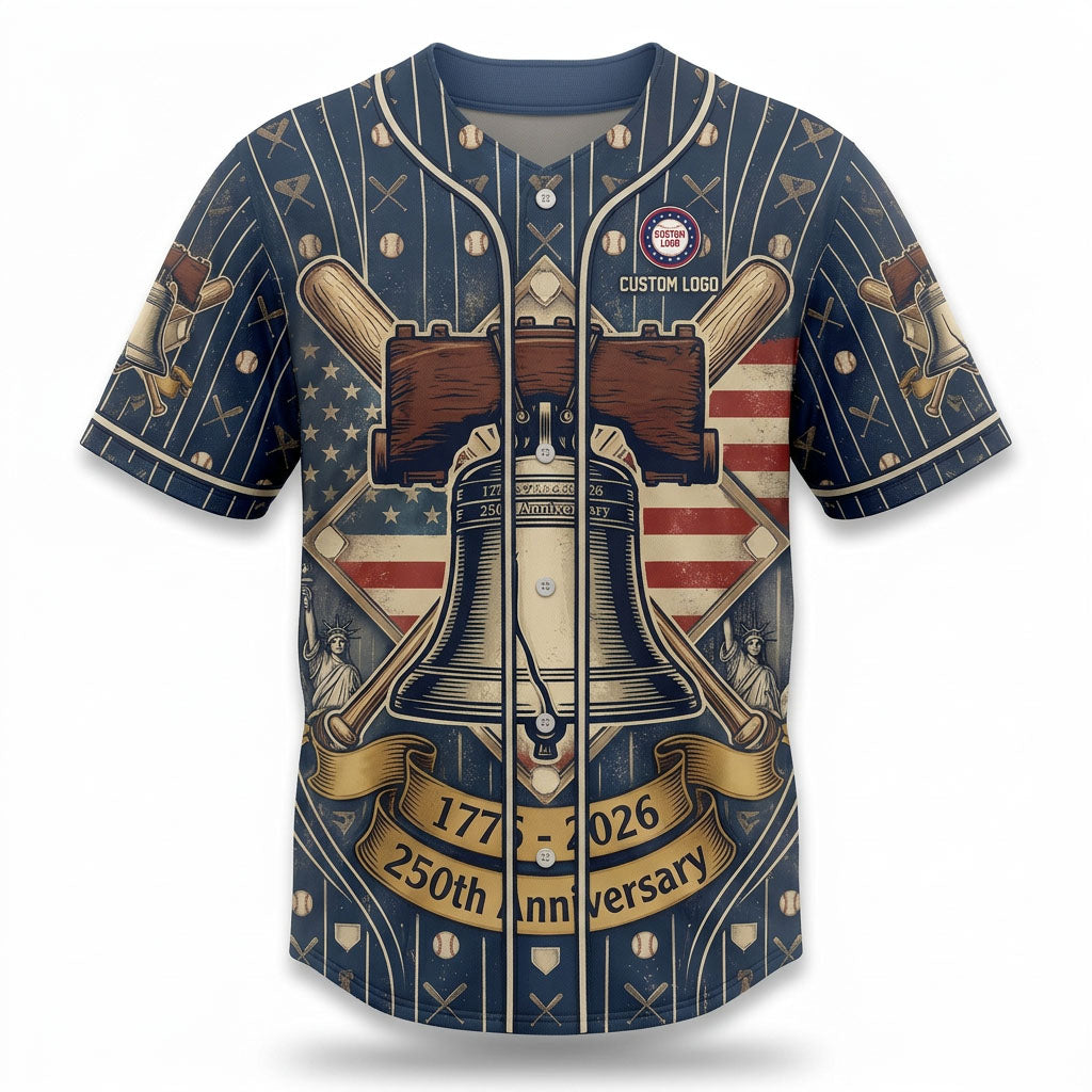 Front view of a sleek black pinstripe USA 250 Years of Freedom baseball jersey with a majestic patriotic eagle shield graphic.