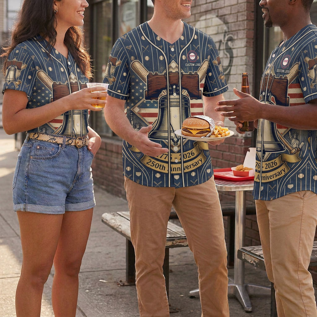 A diverse group of friends wearing matching black USA 250 Years of Freedom baseball jerseys laughing together at an outdoor event.