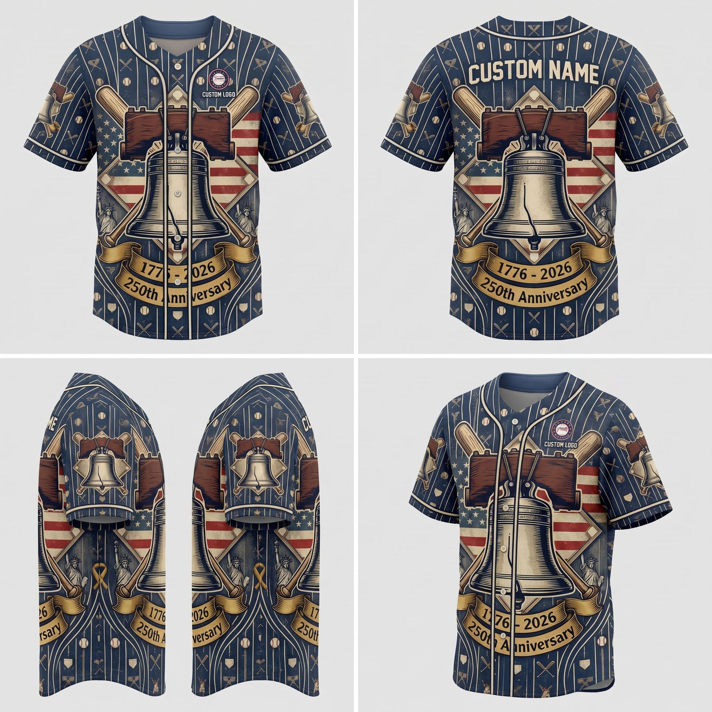 Multi-angle product display grid showcasing the front, back, side sleeve details, and athletic fit of the 250th freedom anniversary jersey.