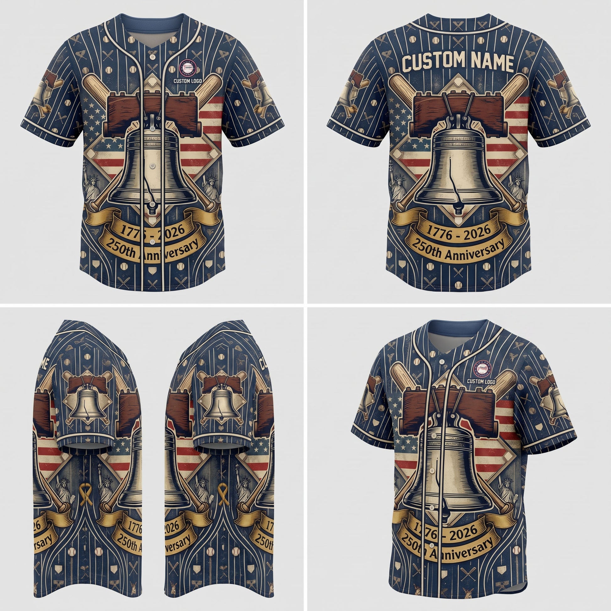 Multi-angle product display grid showcasing the front, back, side sleeve details, and athletic fit of the 250th freedom anniversary jersey.