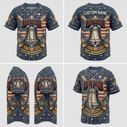 Multi-angle product display grid showcasing the front, back, side sleeve details, and athletic fit of the 250th freedom anniversary jersey.