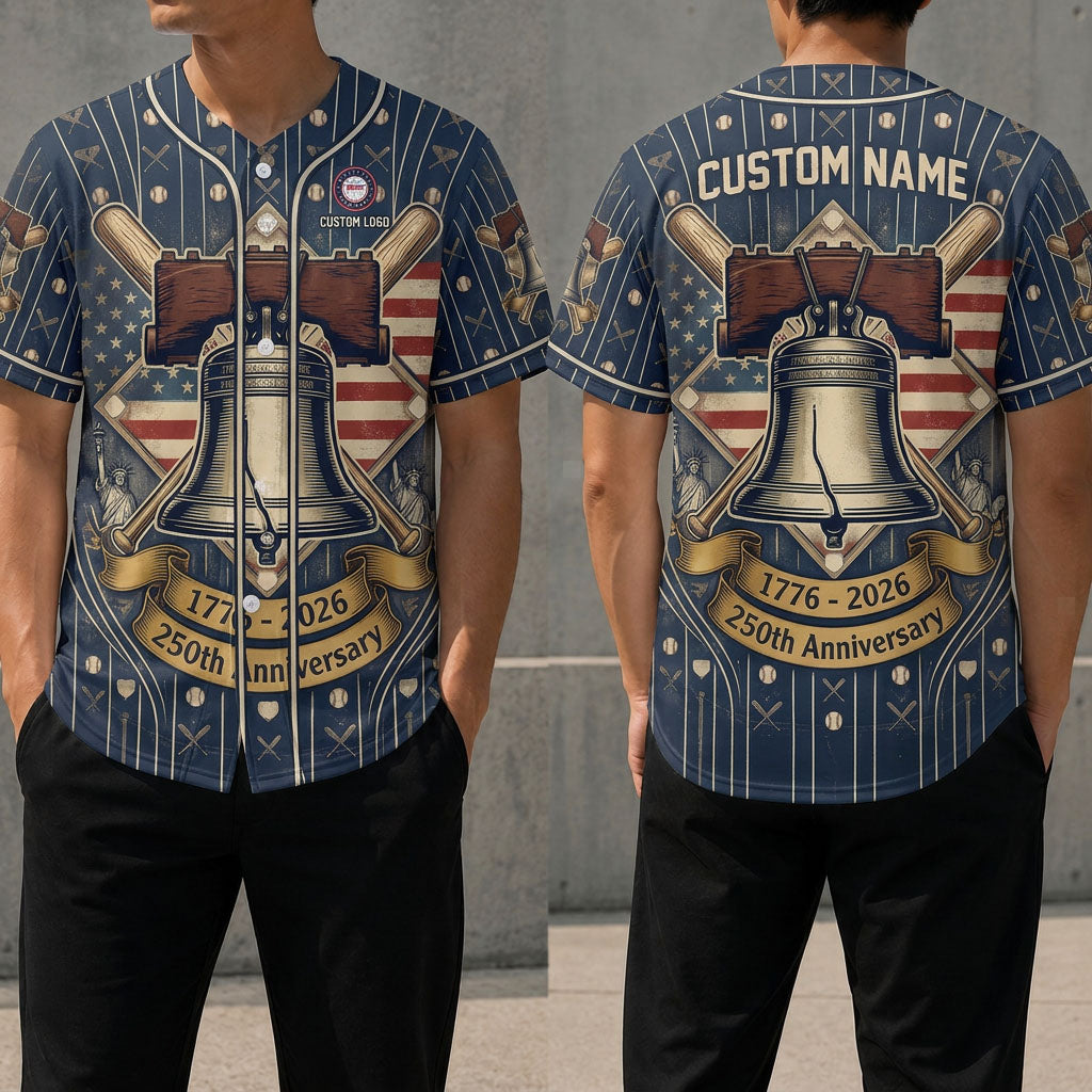 Front and back view of a custom name USA 250 Years of Freedom baseball jersey featuring a premium bald eagle anniversary crest.