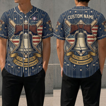 Front and back view of a custom name USA 250 Years of Freedom baseball jersey featuring a premium bald eagle anniversary crest.
