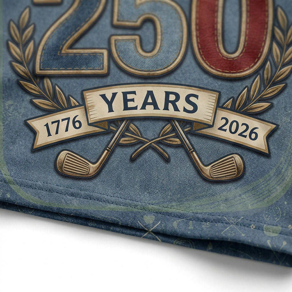Close up details of the denim-effect golf polo highlighting the 250 Years 1776-2026 printed ribbon and crossed golf clubs.