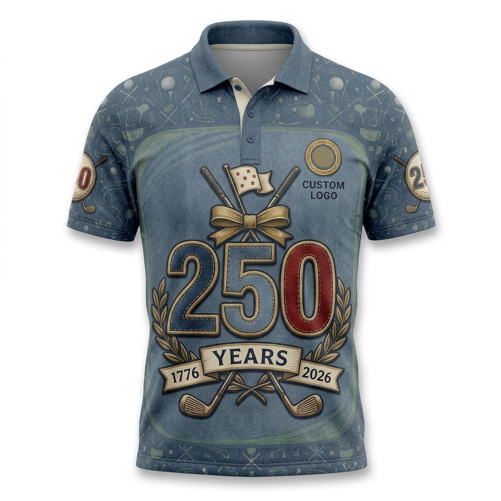 Flat lay photo of the custom denim-patterned USA 250 Years golf polo shirt with a matching blue collar.
