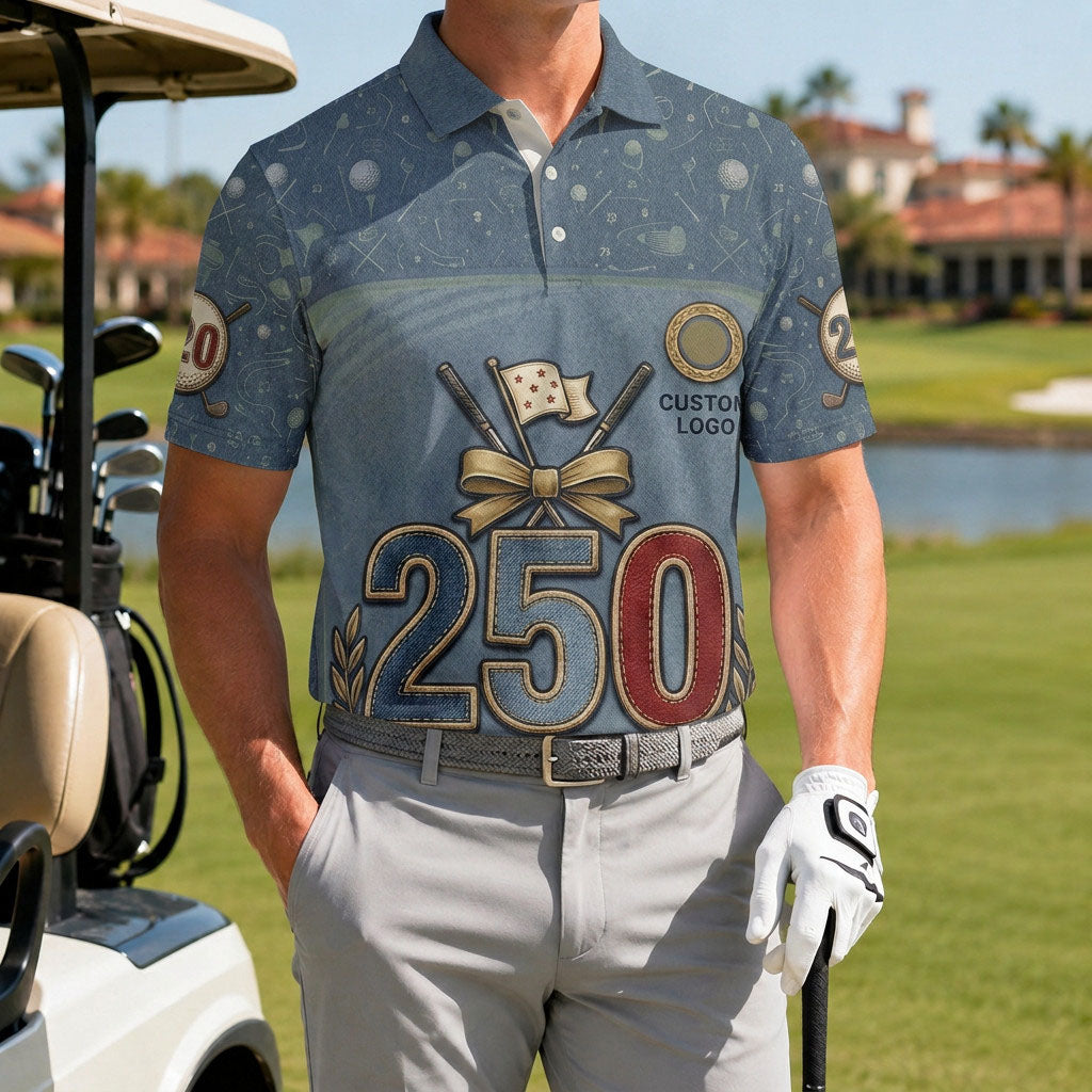 A male athlete wearing the personalized denim-print USA 250 years commemorative golf polo next to a golf cart.