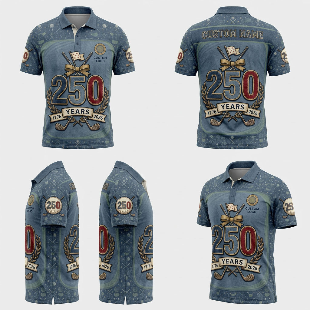 Product showcase grid with 4 angles displaying the front, back, and side views of the vintage denim-print 250 years golf polo.