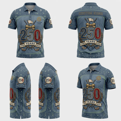 Product showcase grid with 4 angles displaying the front, back, and side views of the vintage denim-print 250 years golf polo.