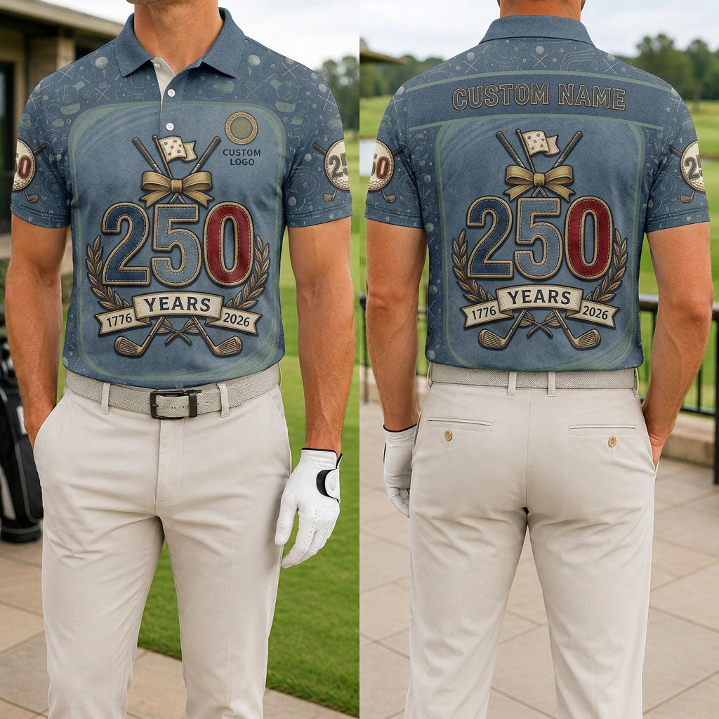 Front and back view of a man wearing the light blue denim-print USA 250 years golf polo shirt with custom name.