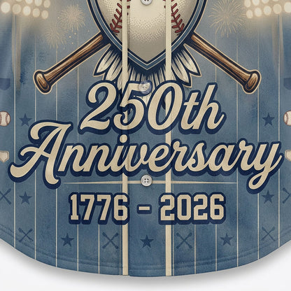 Close-up shot of the detailed vintage typography reading 250th Anniversary 1776-2026 on a light blue pinstripe patriotic jersey.