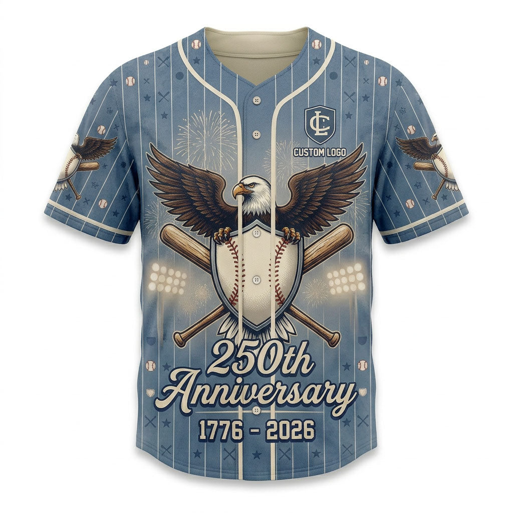Front view of a light blue pinstripe USA 250th Anniversary baseball jersey featuring a soaring bald eagle holding a baseball shield.